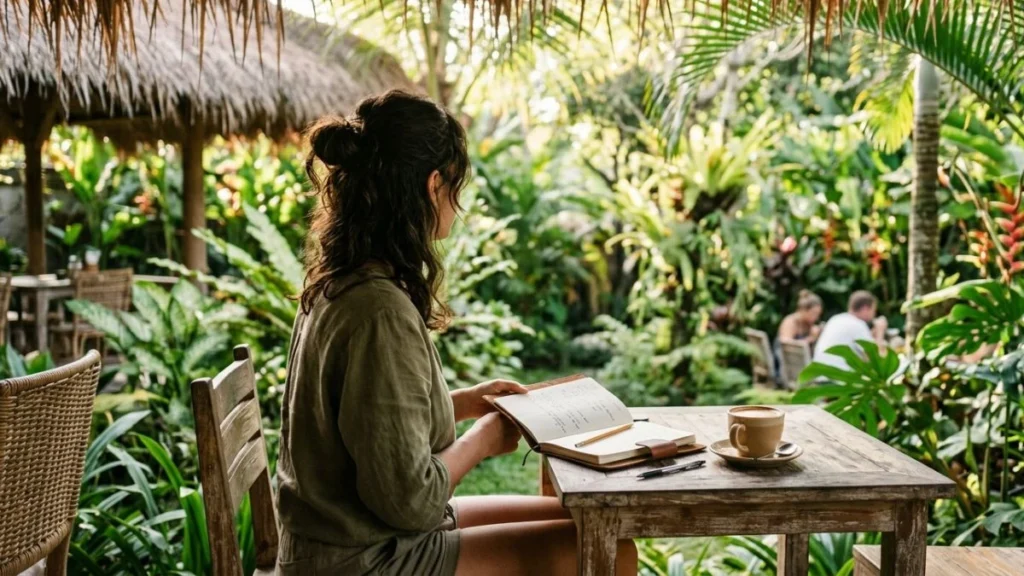 Is Bali safe for solo female travellers — woman sitting alone at outdoor Ubud café table with coffee and journal in warm morning light.