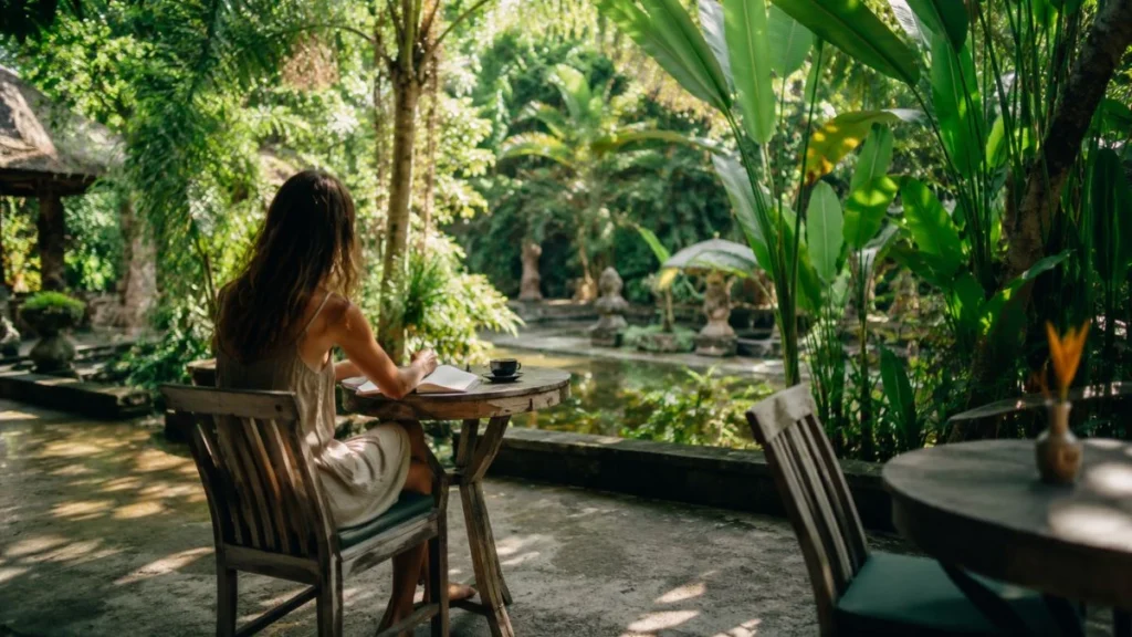 Is Bali safe for solo female travellers — woman sitting alone at outdoor café in tropical Balinese garden, Ubud Bali
