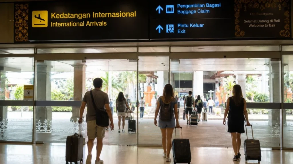 Is Bali safe to travel right now — Ngurah Rai airport arrivals hall with clear signage and travelers moving toward exit in bright clean indoor light.