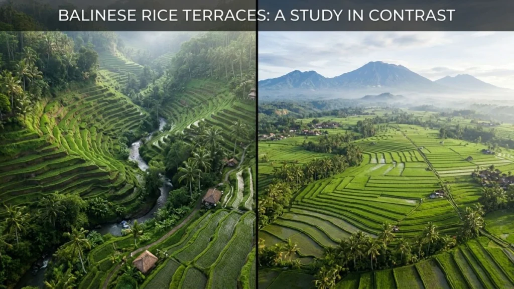 Jatiluwih vs Tegallalang rice terraces Bali — side by side comparison of gorge terraces and highland plateau terraces