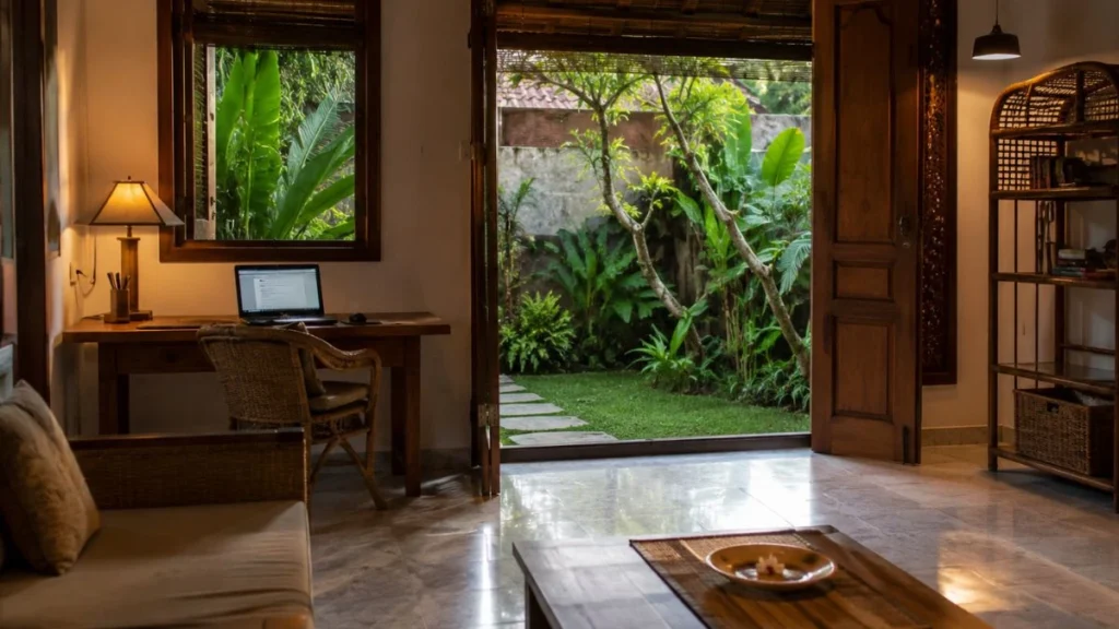 Long stay Bali monthly rental tips — simply furnished villa living room opening through wooden doors onto tropical garden with laptop on desk in afternoon light.