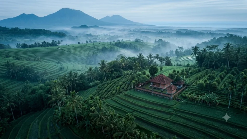 Munduk Bali — highland village at dawn with coffee plantation terraces and Java Sea visible on northern horizon