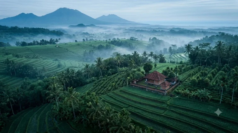Munduk Bali — highland village at dawn with coffee plantation terraces and Java Sea visible on northern horizon