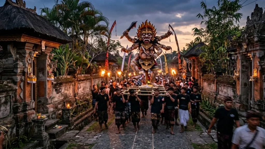 Nyepi day Bali complete guide — ogoh-ogoh demon statue carried through village street at dusk during Pengrupukan parade with warm torchlight.