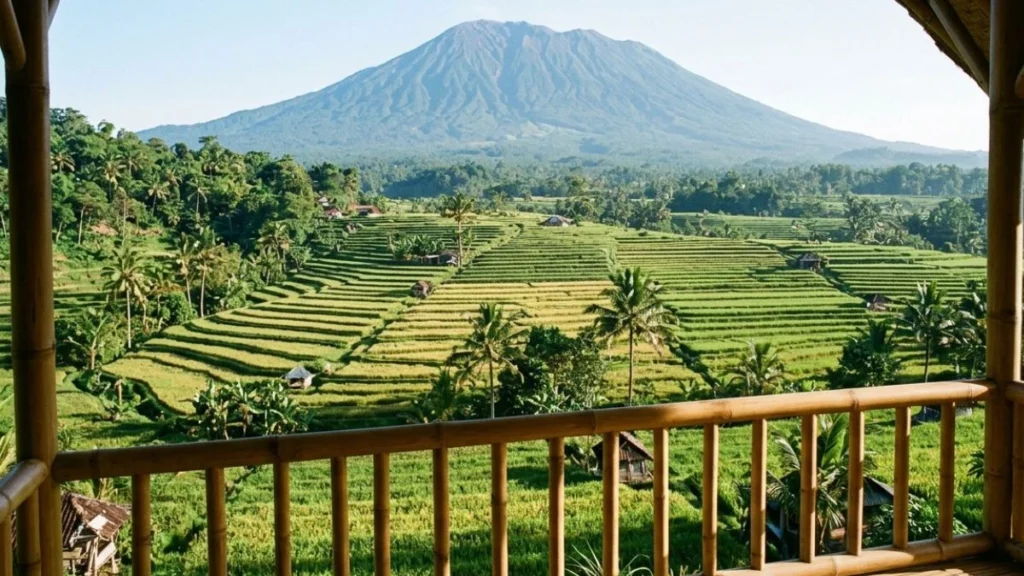 Sidemen eco lodge review — open-air bamboo villa terrace overlooking rice terraces and Mount Agung volcanic profile in clear morning light.