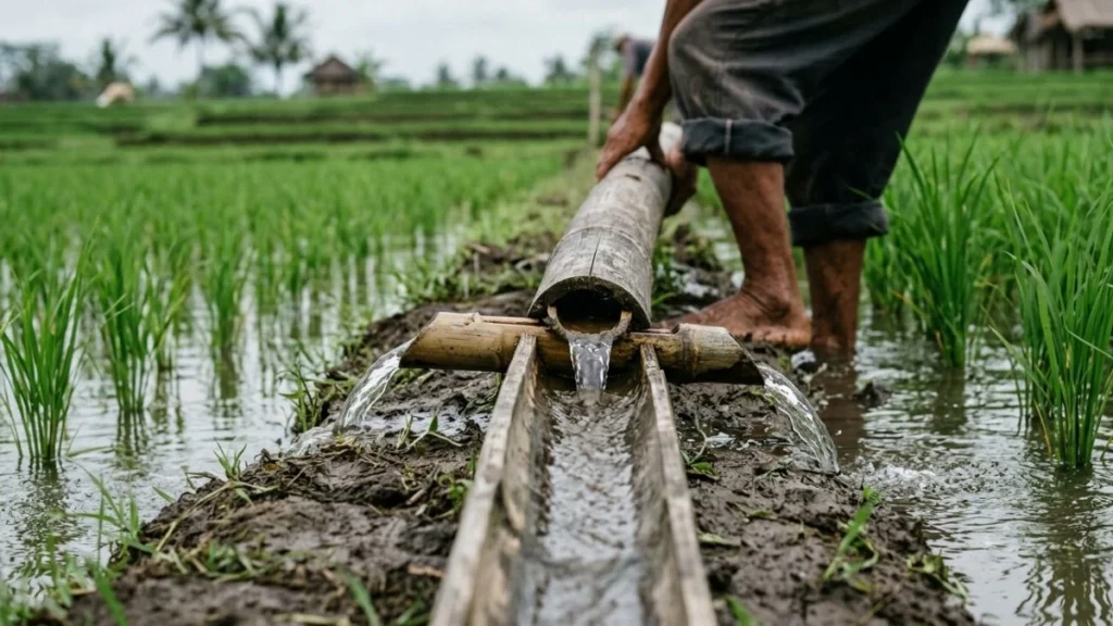 Subak irrigation system Bali explained — bamboo irrigation channel dividing water flow between rice paddies with farmer adjusting channel in soft midday light.