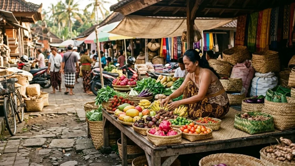 Sustainable travel Bali tips — Balinese market vendor arranging fresh tropical fruits and vegetables in warm early morning light at local produce market.