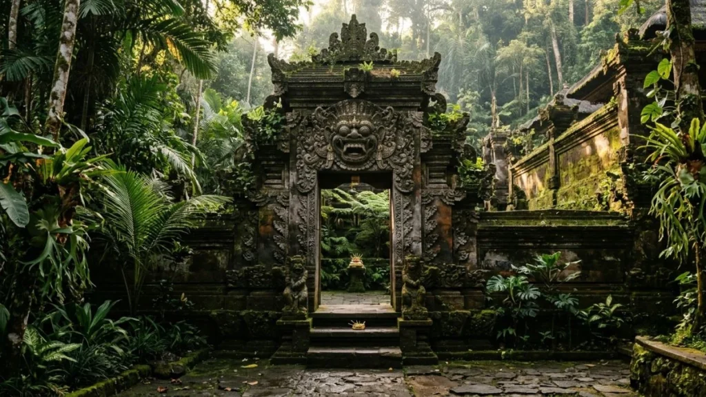 Temples in Ubud Bali — carved stone entrance of Goa Gajah Elephant Cave temple surrounded by tropical foliage, Ubud Bali
