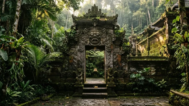 Temples in Ubud Bali — carved stone entrance of Goa Gajah Elephant Cave temple surrounded by tropical foliage, Ubud Bali