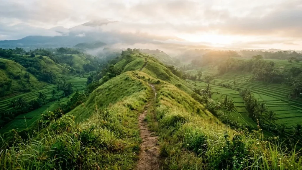 Things to do in Ubud Bali — Campuhan Ridge Walk at dawn, narrow path through grassland above two river valleys, Ubud