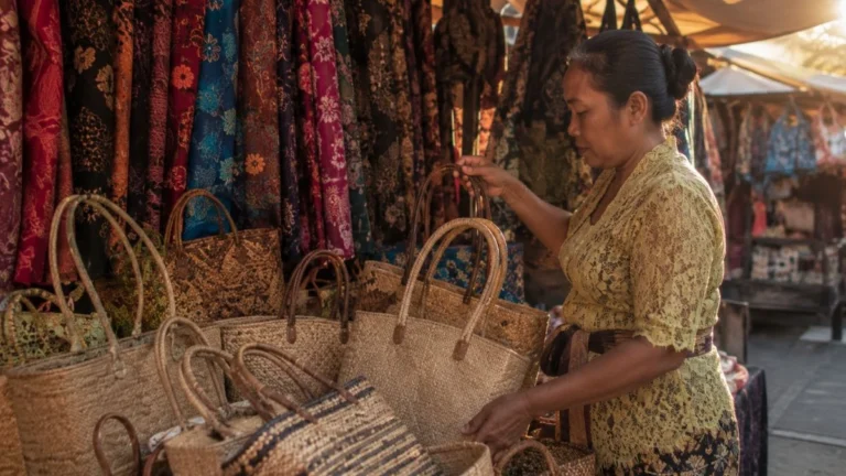 Ubud market guide — vendor arranging woven ata grass bags at Pasar Seni Ubud early morning, Bali