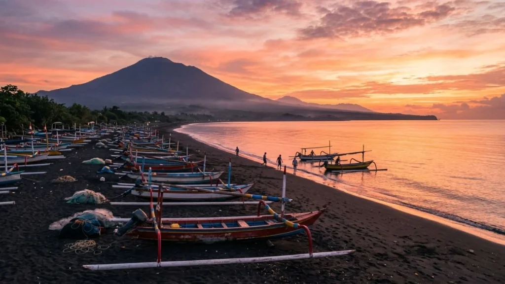 Amed Bali sunrise with traditional jukung fishing boats on black sand beach