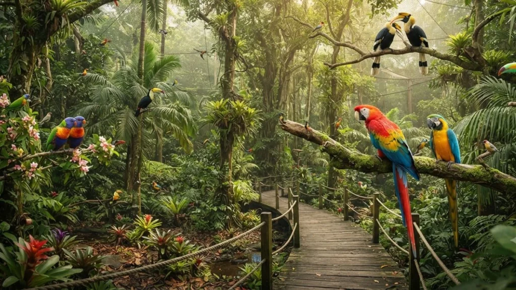 Colorful tropical birds in an open aviary at Bali Bird Park