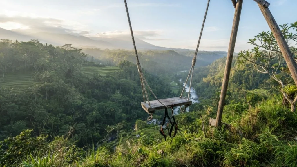 Bali swing suspended over jungle valley view