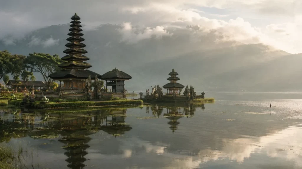 Bali water temples - lakeside temple shrine reflected in misty water