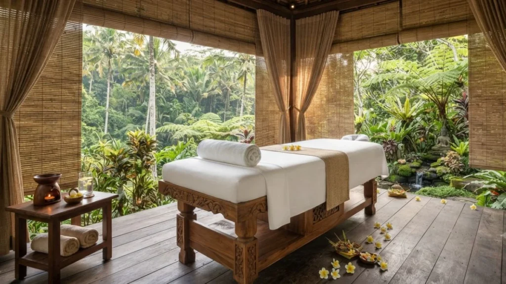 Balinese massage Ubud open-air spa treatment room with tropical garden surroundings