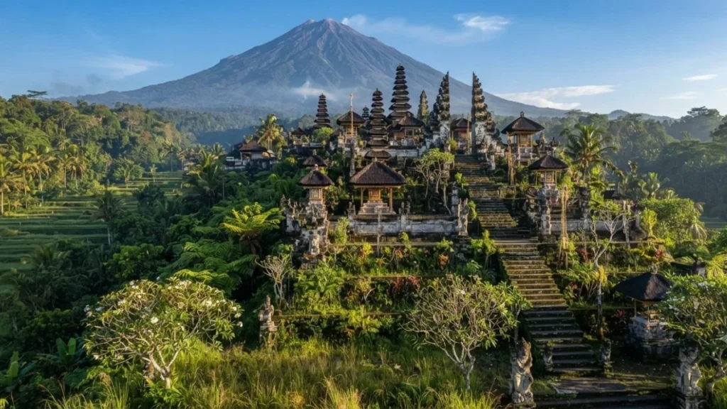 Besakih Temple meru towers with Mount Agung in the background