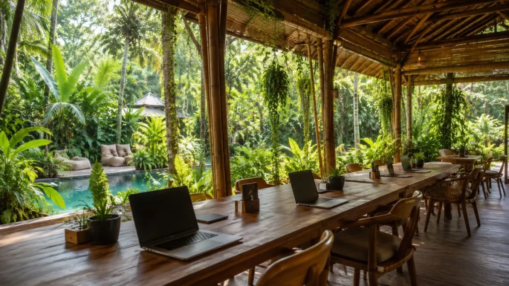 Open-air coworking space in Ubud surrounded by jungle