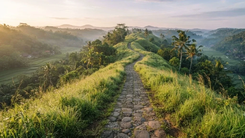Campuhan Ridge Walk in Ubud at sunrise with green valley views