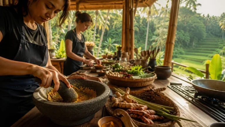 Hands grinding base gede spice paste during a cooking class in Ubud