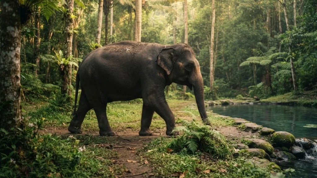Elephant riding Bali rescued elephant roaming freely in a Bali forest sanctuary