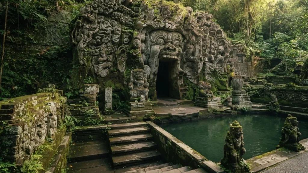 Goa Gajah Elephant Cave entrance near Ubud with carved demon face