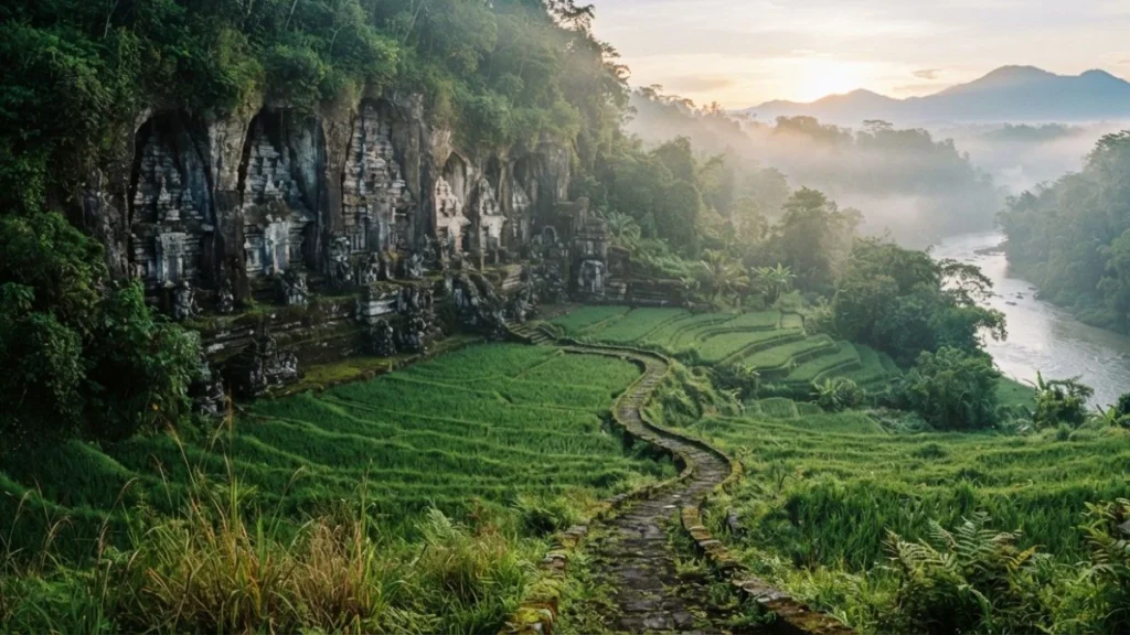 Gunung Kawi Temple rock-cut shrines carved into cliff in Tampaksiring