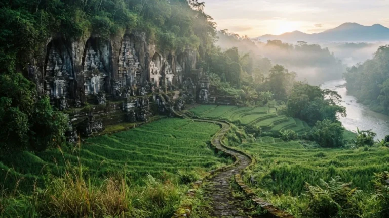 Gunung Kawi Temple rock-cut shrines carved into cliff in Tampaksiring