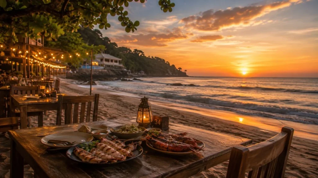 Beachfront seafood dinner tables at Jimbaran Bay at sunset