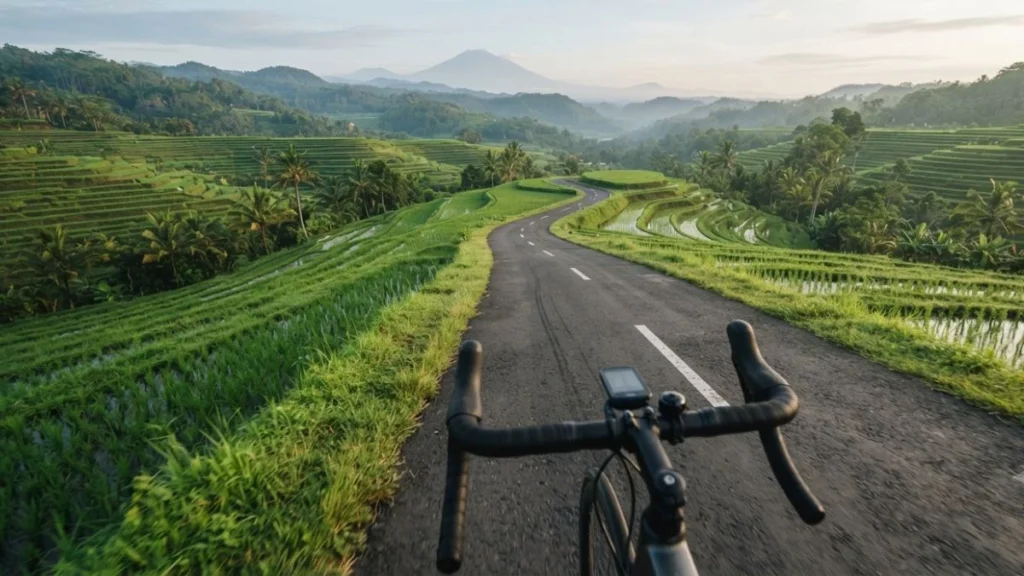 Rural road view during Kintamani downhill cycling tour through rice fields