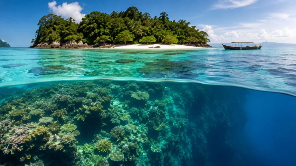 Menjangan Island clear water and coral reef in West Bali National Park