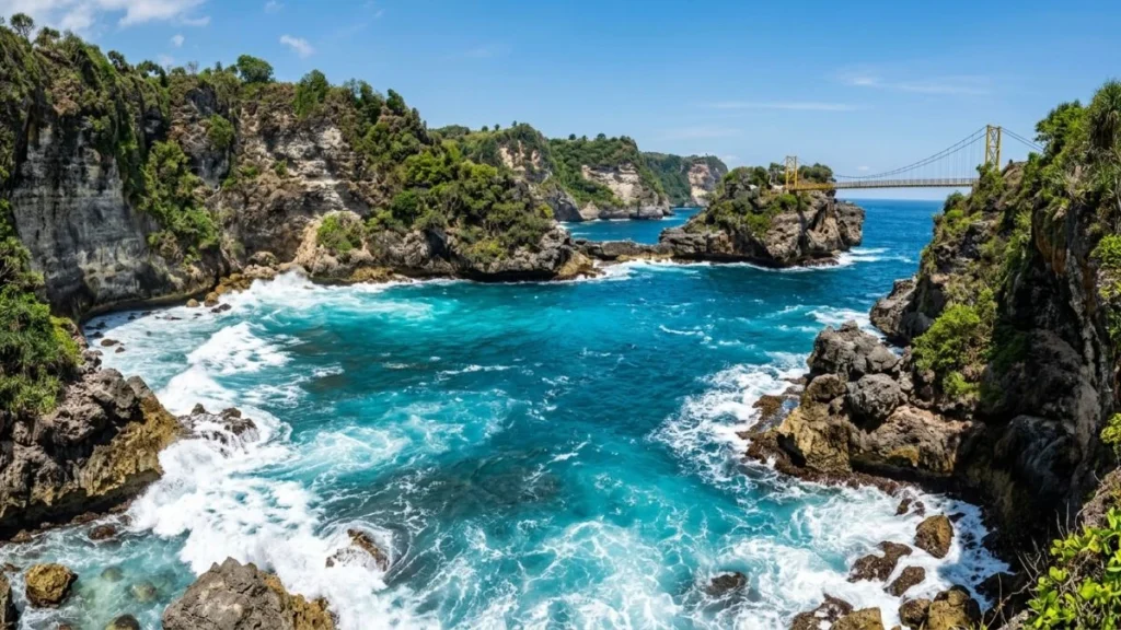 Nusa Ceningan Blue Lagoon with yellow bridge in the distance
