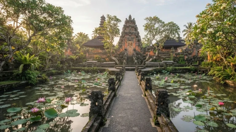 Saraswati Temple Ubud lotus pond with stone bridge and temple gate