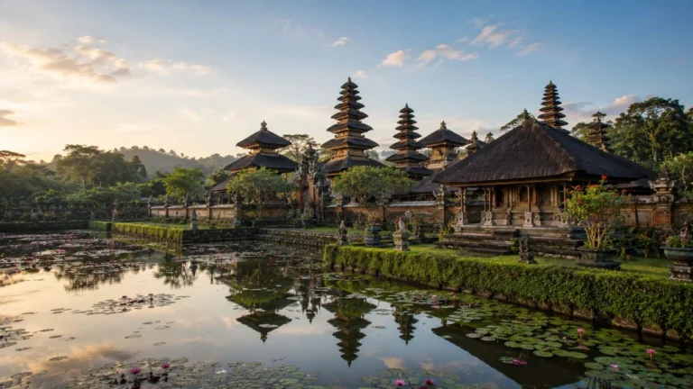 Taman Ayun Temple meru towers reflected in the surrounding moat
