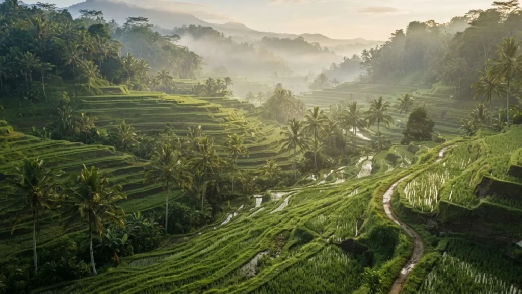 Tegalalang Rice Terrace valley view in morning light