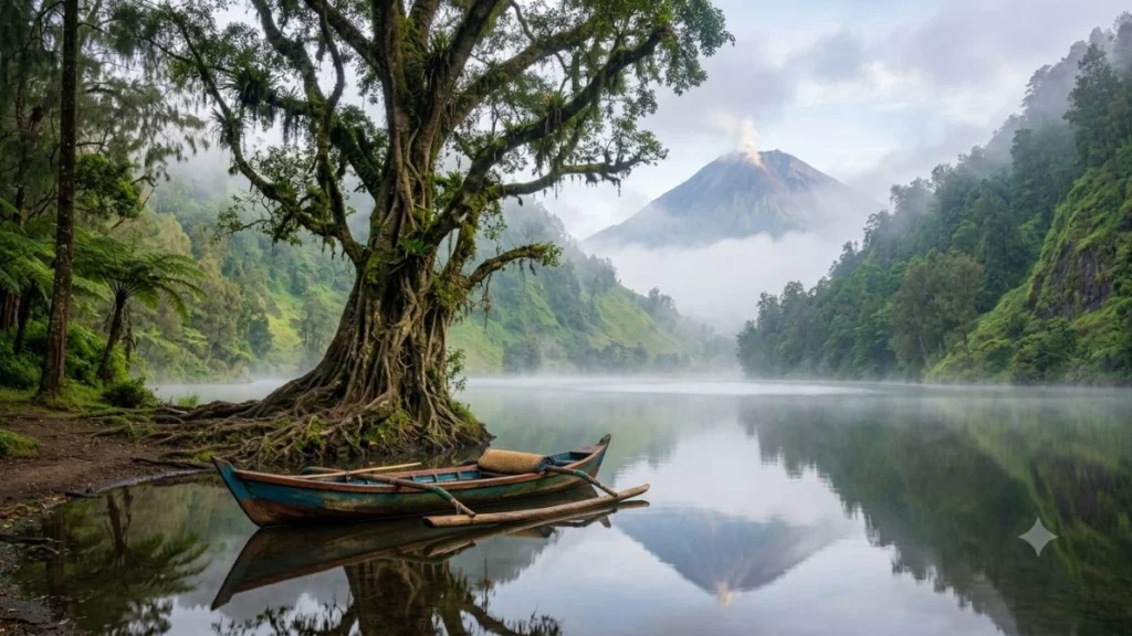 Lake Batur near Trunyan village with boat and misty shoreline