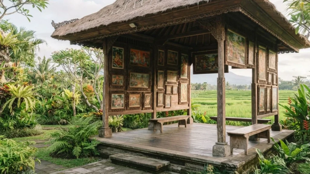 Open-air art gallery pavilion in an Ubud art museums with garden views