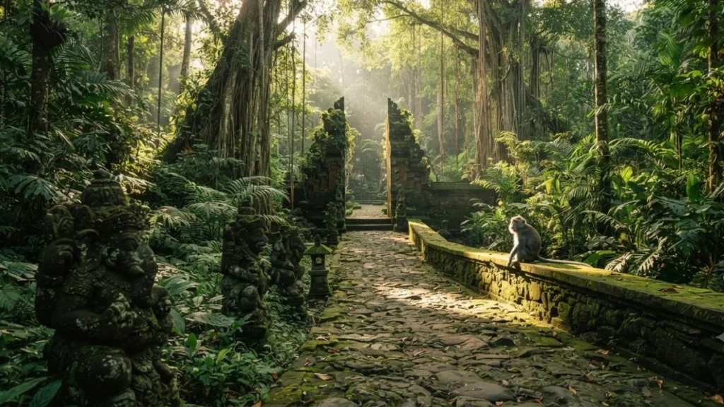 Ubud Monkey Forest jungle path with moss-covered temple statues