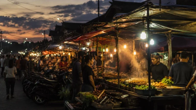 Ubud night market food stalls lit up in the evening