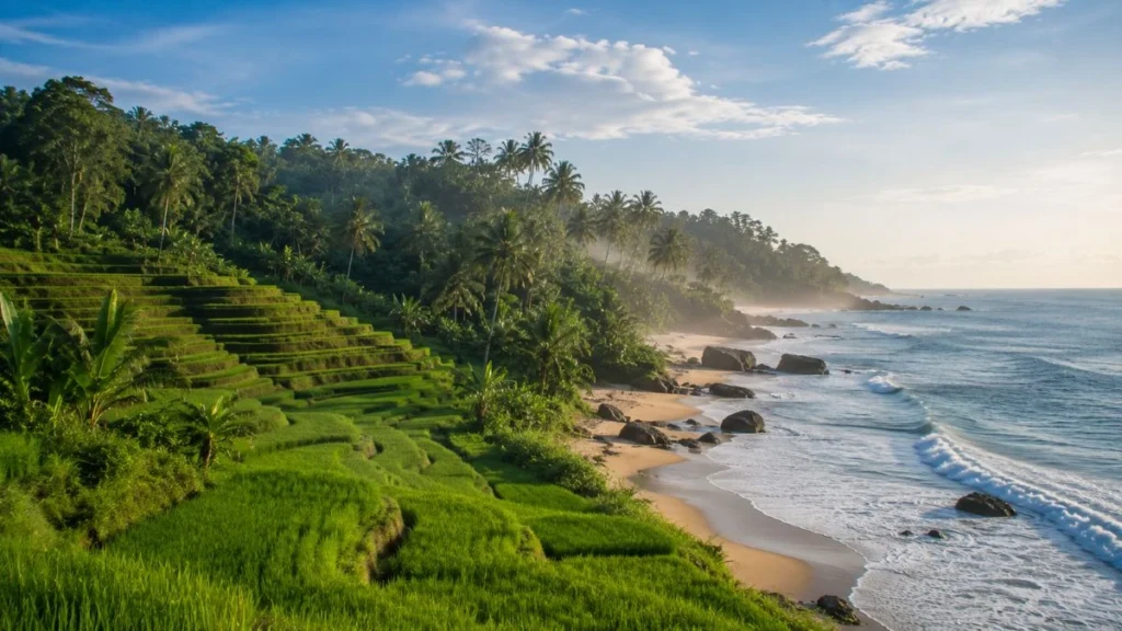 Split landscape showing Ubud's rice terraces and Canggu's coastline