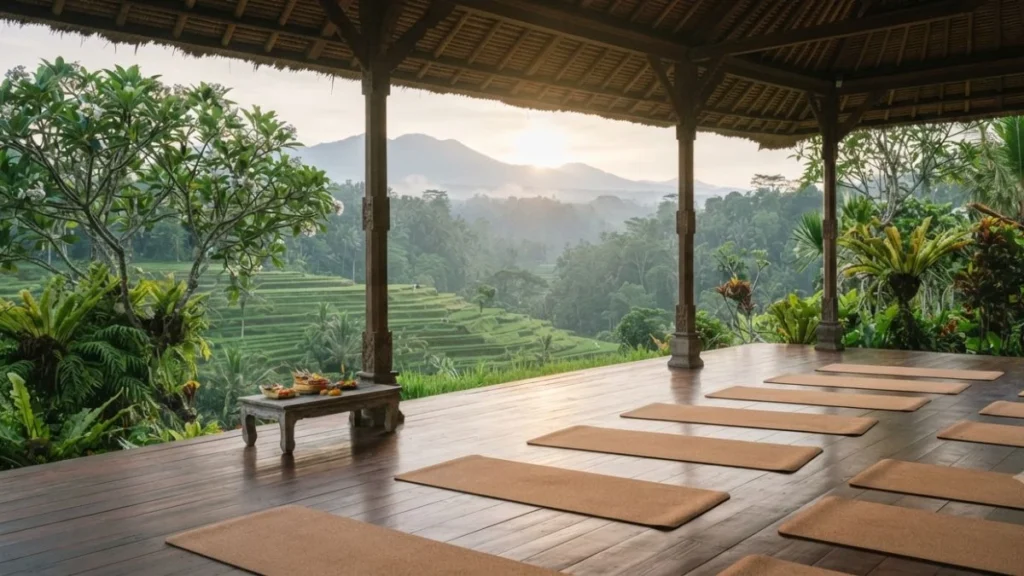 Open-air yoga in Ubud overlooking rice terrace valley