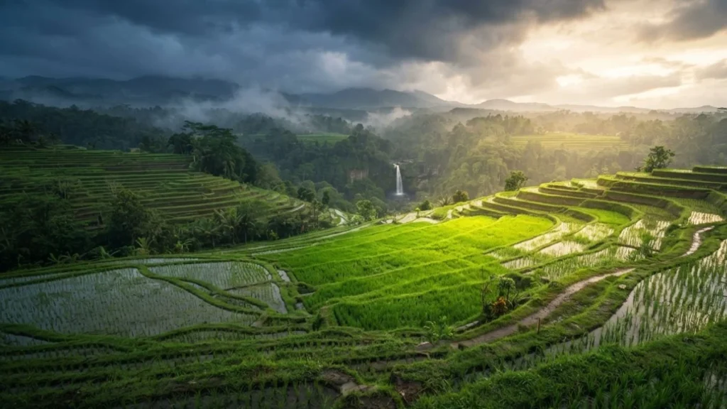 Lush green Bali rice terraces after rain with sun breaking through clouds