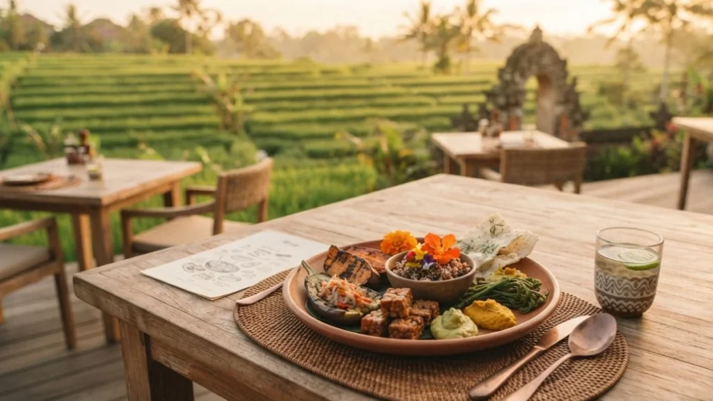 Farm-to-table Ubud restaurant plate with rice field view
