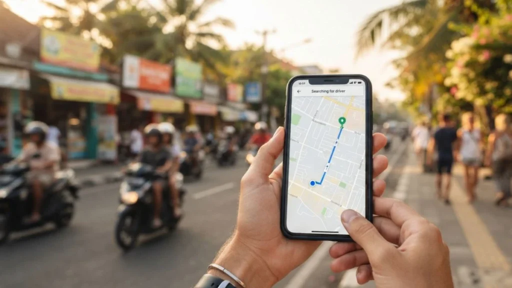 Smartphone ride-hailing app map used for transport in Bali