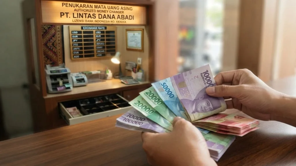 Indonesian rupiah banknotes being counted at a currency exchange counter