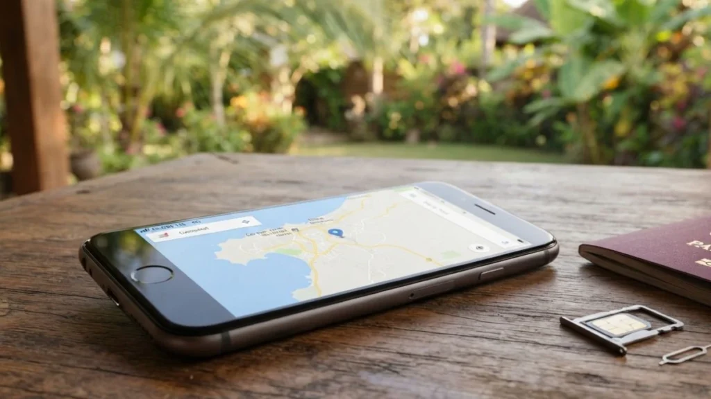 Smartphone with map app and SIM card tray for Bali travel connectivity