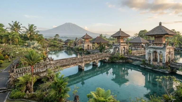 Taman Ujung Water Palace pavilions on ponds with Mount Agung in the distance