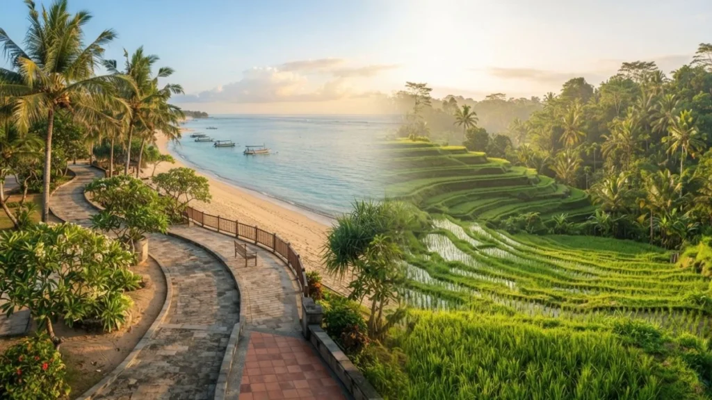 Split landscape showing Sanur's calm beach and Ubud's rice terraces