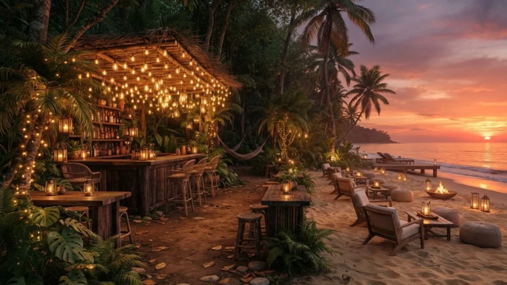 Split scene showing Ubud's jungle bar atmosphere and Seminyak's beachfront lounge