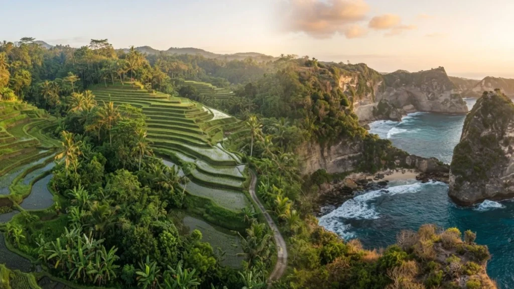 Split landscape showing Ubud's rice terraces and Uluwatu's clifftop coastline